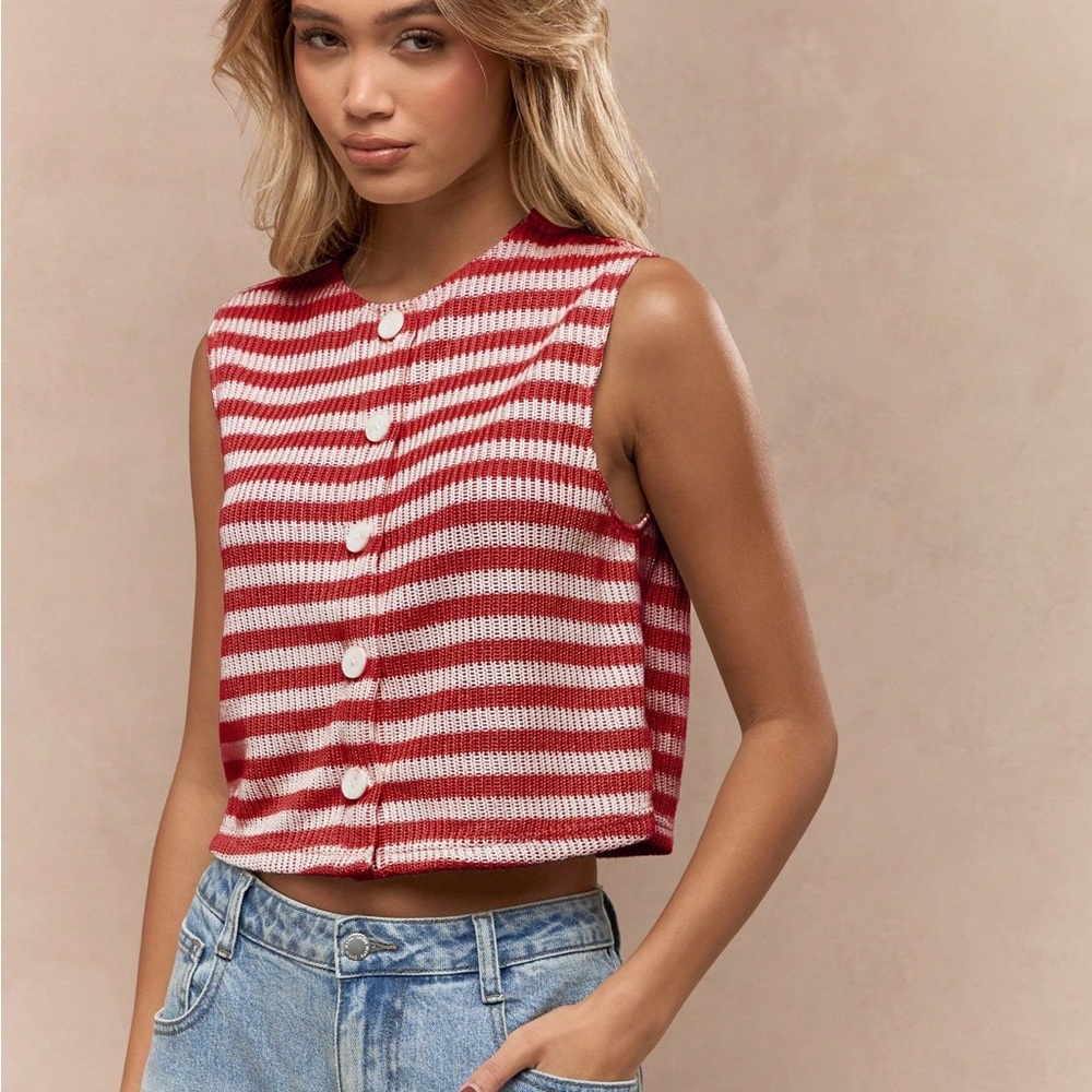 Missguided Red and White Striped  Button up Tank Top